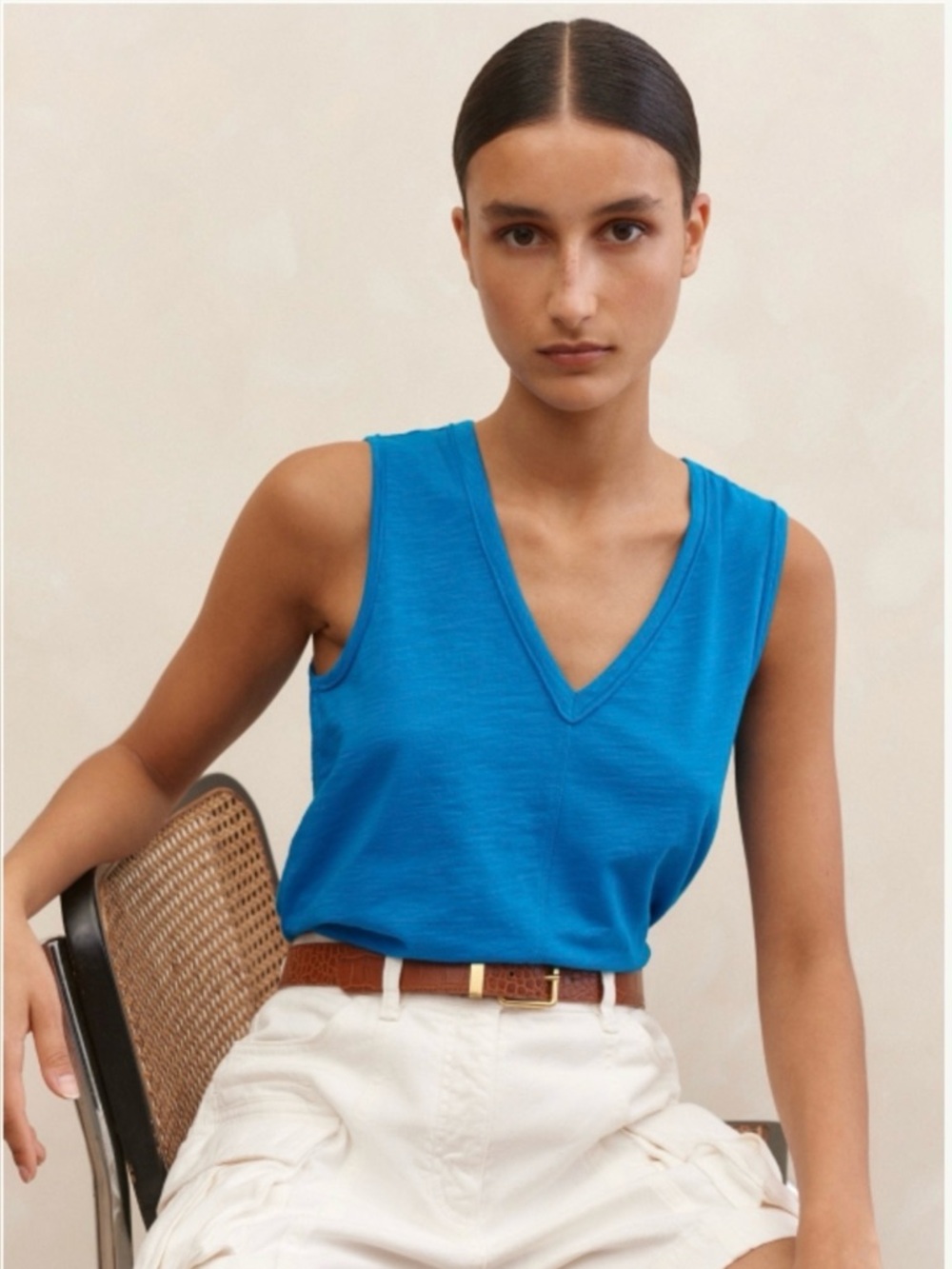 ME+EM 2 V-neck Swing Vest Slub Tank Aqua EUC Top Sleeveless Relaxed Elegance